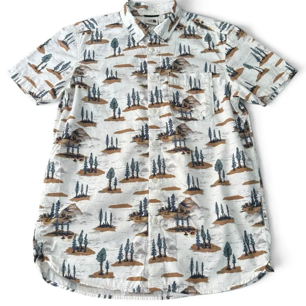 The North Face Baytrail Shirt Men M White Camp Scenic Print AOP Outdoor Nature
